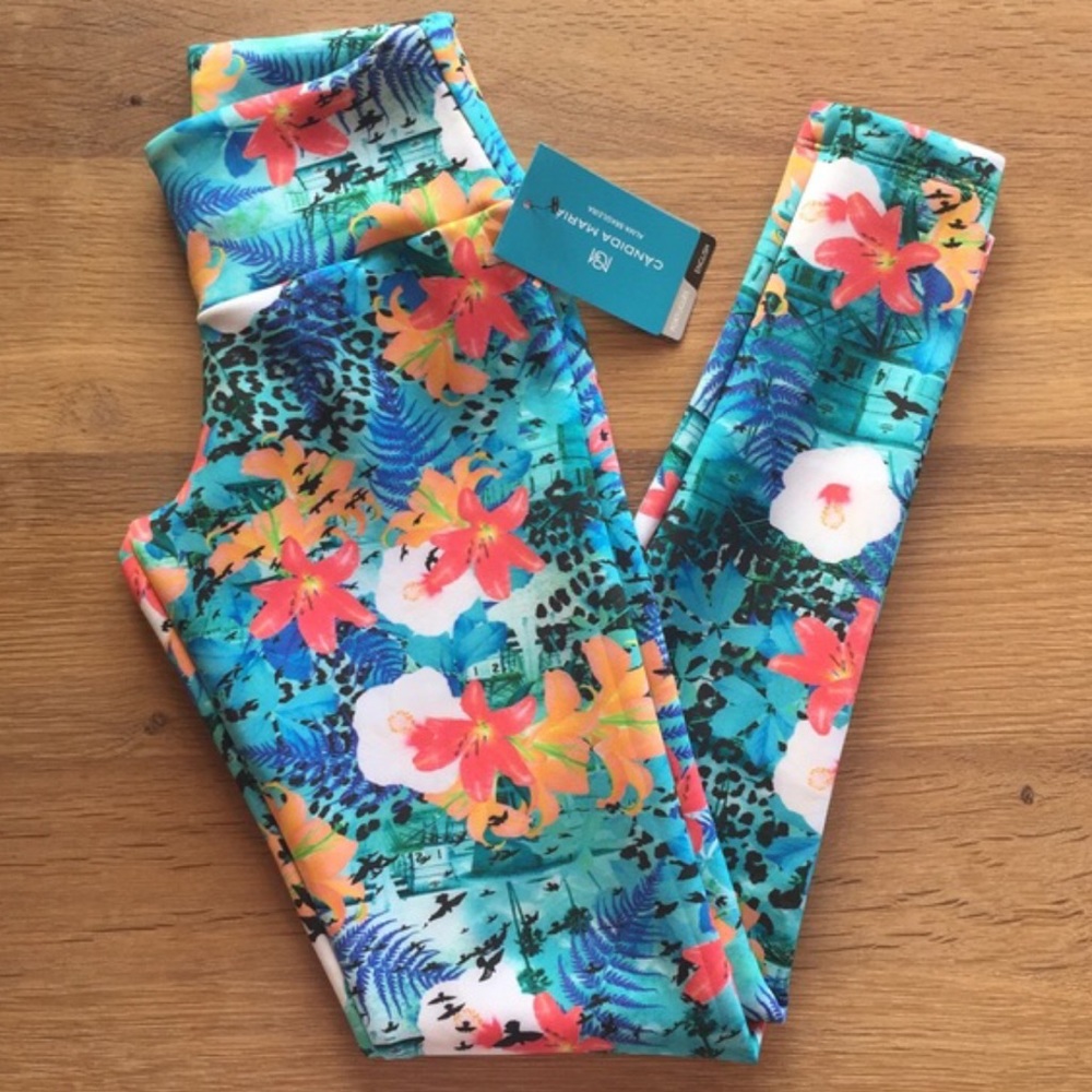 🌴🦋 CANDIDA MARIA Tropical Blue & Coral Hawaiian Flowers Yoga Leggings Sz Small